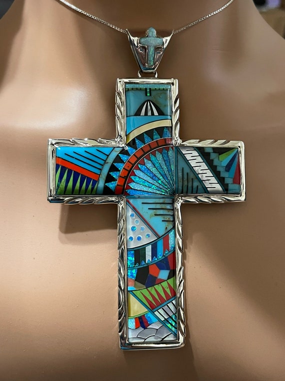 New Silver Color Cross Blue Fabric Wrapped Around Unique Stylish Design Dangle Adorable Earrings ALI-E0243G Wonderful Gift for Women Girls Charm Ea 6in Blue Wood Praying Boy on Silver Cross - 73-60