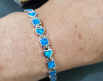 Small Blue Opal Link Bracelet/Sterling Silver/Fire Opal Bracelet/ Heart Opal Bracelet/ Dainty Heart Bracelet/Heart Bracelet/ Valentines Gift