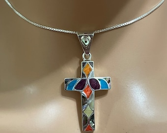 Sterling Silver Cross/Intarsia Cross Pendant Necklace/Multi Color Cross Pendant/ Cross/Dainty Cross Pendant/Cross Jewelry/Mixing Color Cross