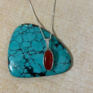 May include: A silver chain necklace with a red carnelian gemstone pendant. The pendant is oval shaped and set in a silver bezel.