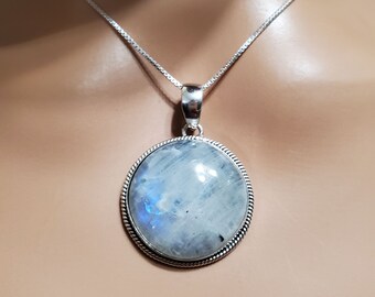 Blue Flash Rainbow Moonstone Pendant Necklace/Moonstone/Natural Moonstone/Sterling Silver/Moonstone Pendant/Oval Moonstone Pendant/R009