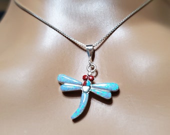 Dragonfly Pendant/Blue Fire Opal Pendant Necklace, Delicate Dragonfly Jewelry Gift,Sterling Silver,Box Chain Necklace