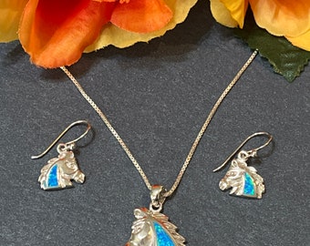 Blue Opal Horse Earring and Necklace Set /Blue Opal Horse Jewelry Set/ Sterling Silver / Blue Opal Earrings / Blue Opal Necklace