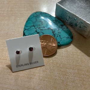 May include: A pair of small, round, dark red stud earrings on a white card that reads "STERLING SILVER." A copper penny and a turquoise stone are also in the image, along with a small silver gift box.
