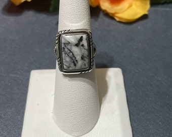 Rectangular White Buffalo Ring/Size  6 1/2 Ring/Sterling Silver Ring/Turquoise Ring/Handmade Ring/Black and White Stone Ring/K8