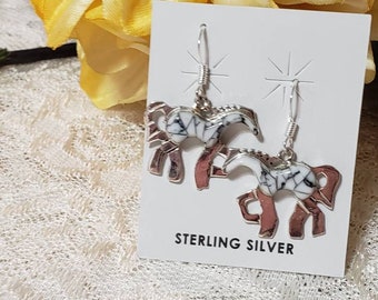 White Horse Earrings / White Buffalo Turquoise Inlay / Equine Earrings / Southwestern/Inlay Horse Earring/Silver Horse Earring
