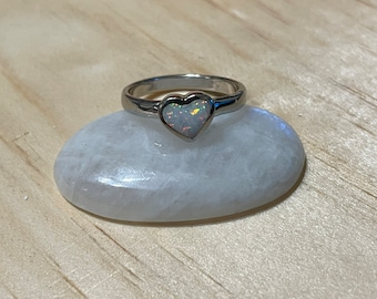 Heart Opal Ring/Fire Opal Ring/Dainty White Heart Ring/Heart Sterling Silver Ring/Fire Opal Ring/Opal Ring/Ring/Heart Ring