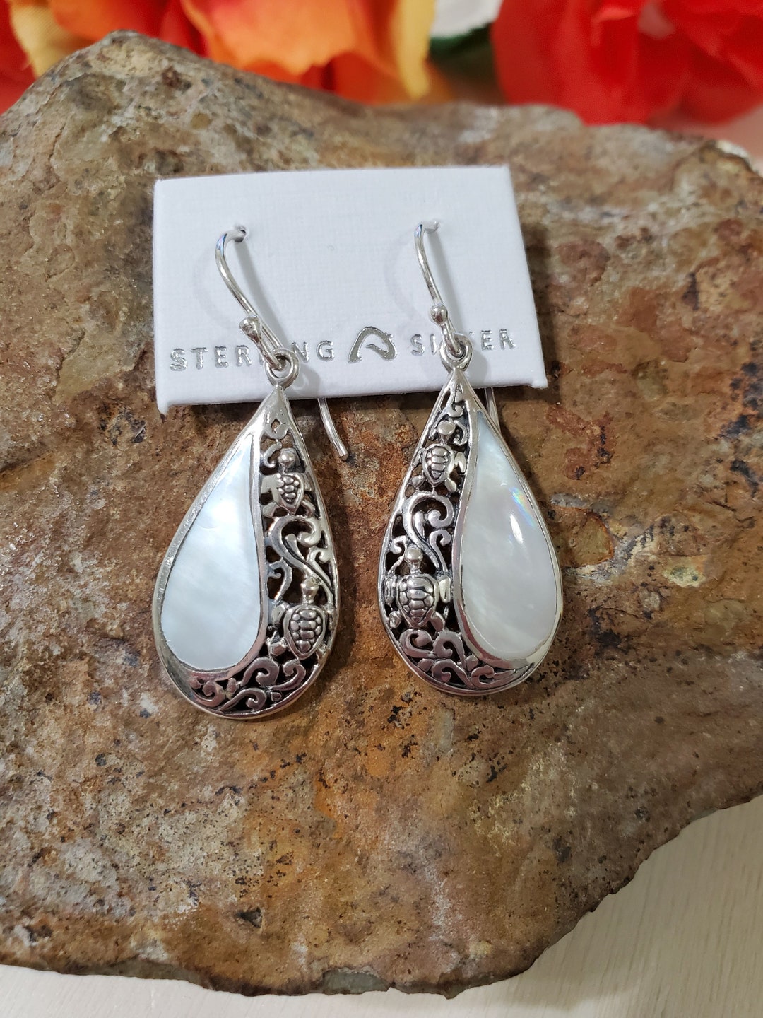 Danielle Silver Drop Earrings in Black Mother-of-Pearl