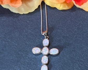 White Opal Cross Necklace/ White Opal Cross Pendant/ Sterling Silver Necklace/ Sterling Silver Pendant/ White Opal Inlay Cross