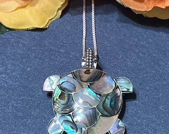 Colgante y broche grande de tortuga de concha de abulón 2 en 1 / plata de ley / joyería de concha de abulón / joyería de tortuga