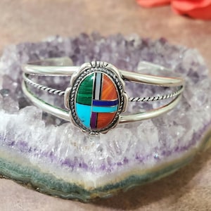Multi Color Cuff/Inlay Cuff/Sterling Silver Cuff/Mosaic Cuff/Inlay Multi Color Cuff/6 Inches Cuff/Gift For Her