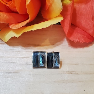 May include: A pair of black and silver earrings with a mother-of-pearl inlay. The earrings are rectangular in shape and have a smooth, polished finish.