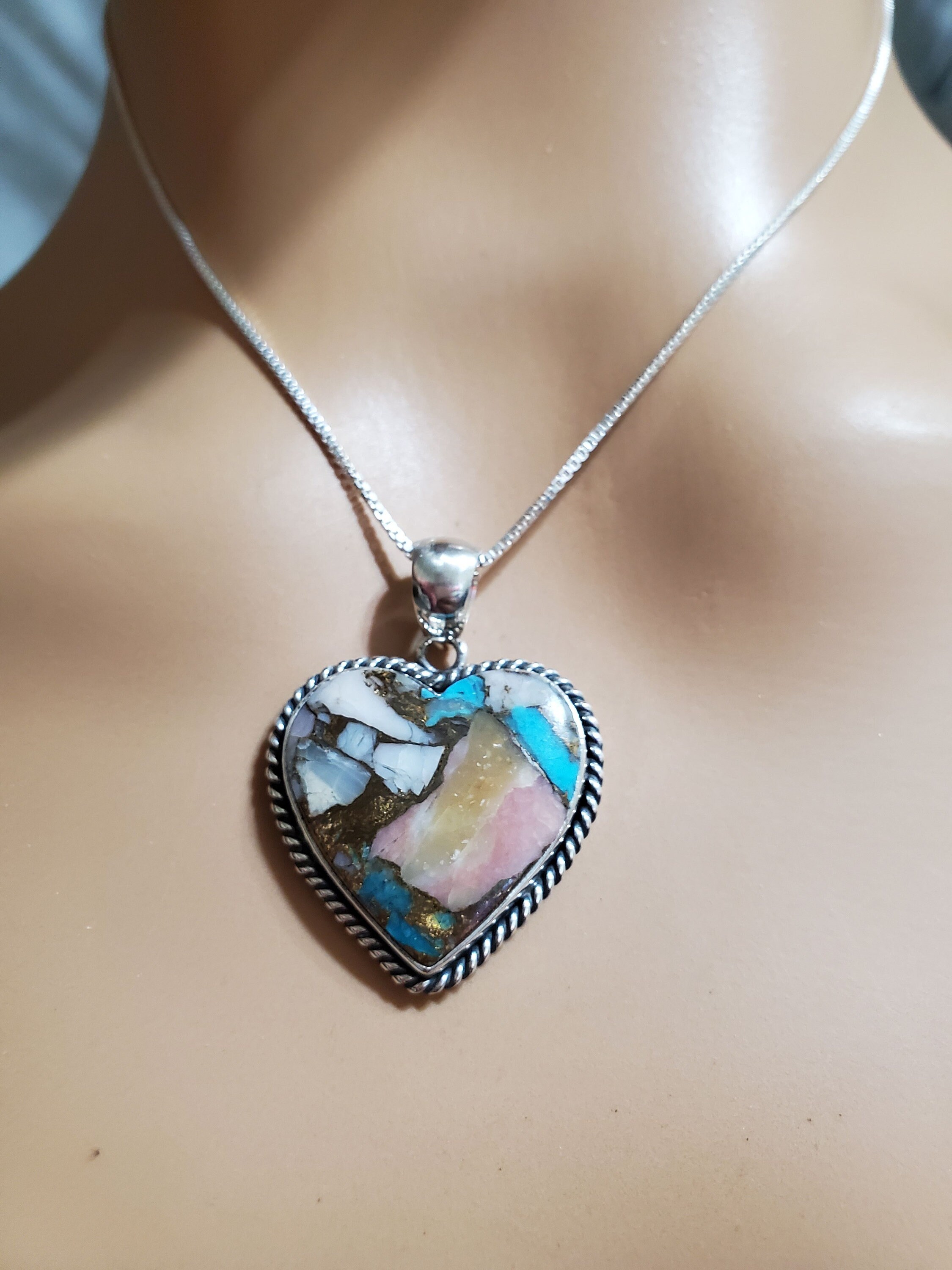Spiny Oyster Copper Turquoise Heart Pendant/Mohave Turquoise Necklace/Sterling Silver Heart Pendant/Heart Copper Turquoise Pendant Necklace