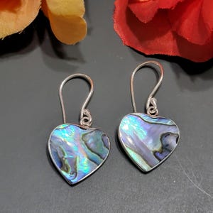 Abalone Shell Heart Earrings / Sterling Silver / Inlay Jewelry / Abalone Shell Earrings / Heart Earrings / Dangle Heart Earrings / A85-AR