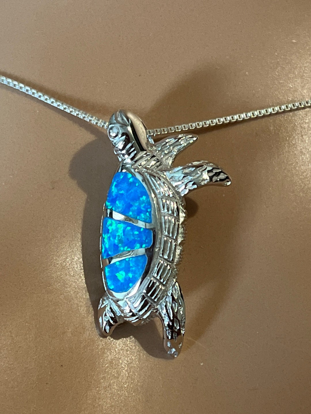 Sea Turtle Inlay Blue Opal Inlay Sea Turtle Pendant Necklace / Sterling Silver Turtle ...