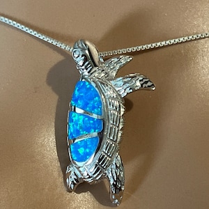 Blue Opal Inlay Sea Turtle Pendant Necklace / Sterling Silver Turtle Necklace / Blue Opal Inlay Jewelry / Ocean Necklace