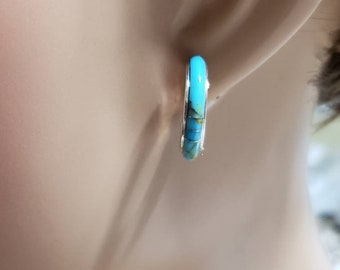 Hoops Earring/Turquoise Earrings / Inlay Hoop Earrings / Turquoise Hoop Earring/ Blue Turquoise Hoop/ Silver Hoops