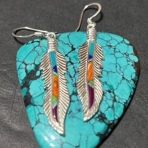 Multicolored inlay feather jewelry/ multicolored jewelry/ feathers /feather earrings/Turquoise Feather Earring
