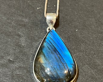 Collar de labradorita, colgante de labradorita de plata de ley, collar de lágrima de labradorita, piedra de destello azul alto, silverlizzard/ágata curativa