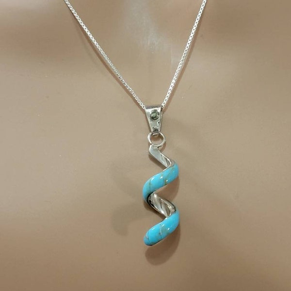 Turquoise Spiral Pendant/Sterling Silver/Box Chain Necklace/ Long Spiral Necklace