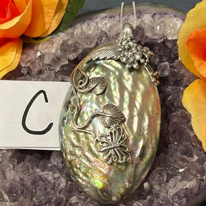 C- Floral and Butterfly accented Abalone Shell Pendant Necklace / Sterling Silver / Floral and Butterfly Engraved Sterling Silver