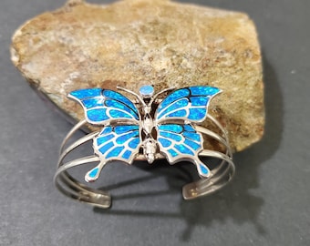 Butterfly Cuff Bracelet/Opal Butterfly Bracelet/Sterling Silver Butterfly/Blue Opal Butterfly Cuff/Large Butterfly Bracelet Bangle/Butterfly