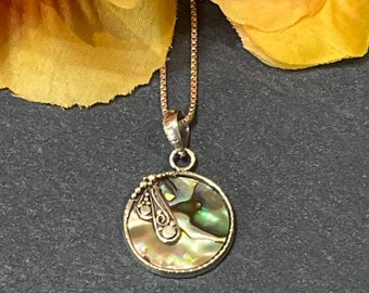 Decorative Silver Abalone Shell Pendant Necklace / Sterling Silver Jewelry / Abalone Shell Necklace / Abalone Shell Pendant