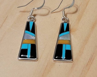 Black Multicolor Earrings / Black Multi Color Inlay Earrings/Long Drop Earrings/Silver Jewelry/Mosaic  Earring
