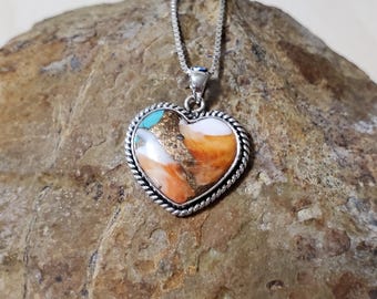 Spiny Oyster Copper Turquoise Heart Pendant/Mohave Turquoise Necklace/Sterling Silver Heart Pendant/Heart Copper Turquoise Pendant/LL207