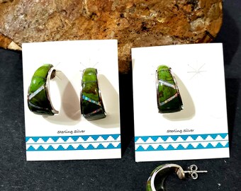 Green Earrings / Inlay Hoop Earrings / Hoop Earrings/Green Hoop/ Silver Hoops/Green Hoop Earrings/Hoops/Sterling Hoop Earrings