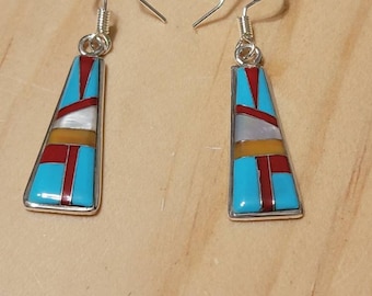 Pendientes multicolor azul / Pendientes con incrustaciones multicolor azul / Pendientes largos colgantes / Joyería de plata / Pendientes llamativos