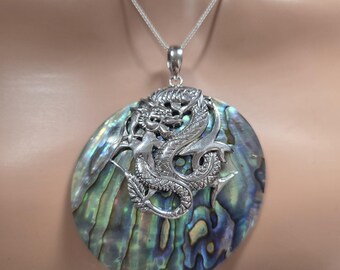 Dragon Shell Pendant / Sterling Silver / Abalone Shell with Dragon / Large Dragon Pendant Necklace / Dragon Pendant / Dragon / A388-AR