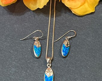 Blue Opal jewelry set/ Blue Opal earrings/ Opal Jewelry set/ Blue Opal necklace /Sterling Silver/Opal pendant / Sterling Silver jewelry