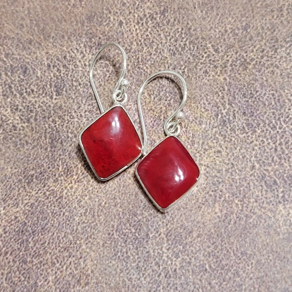 Red Coral Earrings / Diamond Shaped Earrings / Sterling Silver / Dangle Earrings / Coral Earrings / Red Earrings / A3