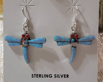 Dragonfly Earrings /Fire Blue Opal Earring/ 925 Sterling Silver/Handmade/Dragonfly/Everyday Jewelry