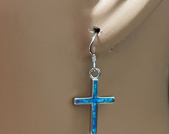 Fire Opal Cross Earring/Dainty Cross Earring/Small Opal Cross Earring/Cross Dangling Earring/Cross/Gift/Blue Opal Cross