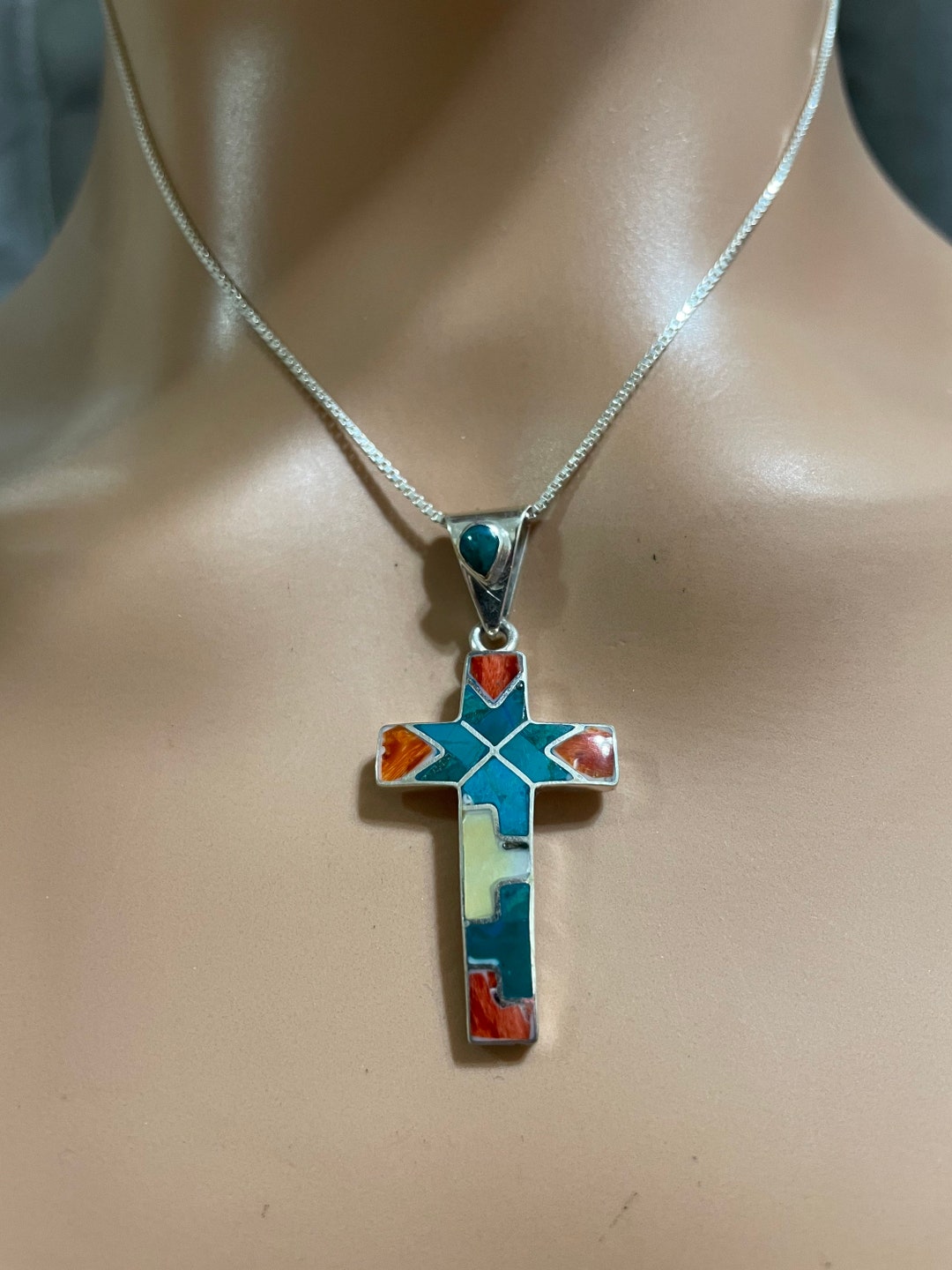 Sterling Silver Cross/intarsia Cross Pendant Necklace/multi Color Cross