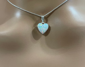 Opal Heart Pendant/Fire Opal Heart Necklace/White Opal Heart/Sterling Silver Heart/Valentine Gift/Everyday Jewelry/Heart Necklace