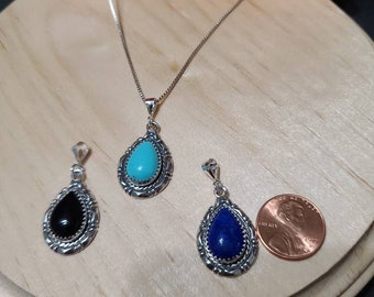 Boho Turquoise Pendant Necklace/Black Onyx Pendant/Lapis Lazuli Pendant Necklace/Sterling Silver Pendant/Turquoise Necklace/Silver Pendant
