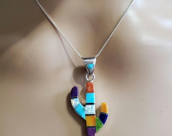 2 In One Multicolored inlay cactus pendant necklace /Multicolored jewelry/ cactus necklace /Cactus pendant/Cactus jewelry/
