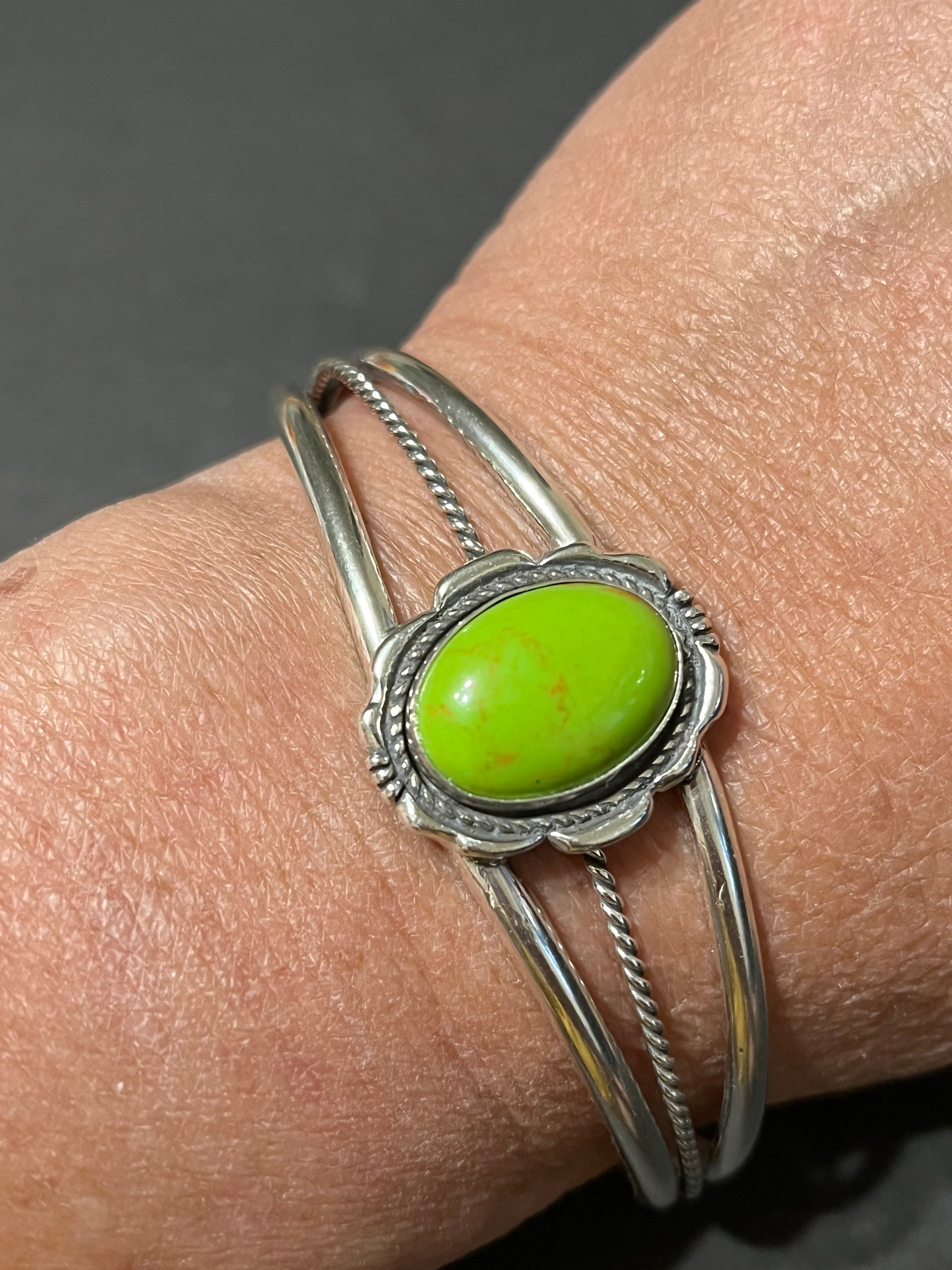 Green Stone Cuff Bracelet /green Agate Cuff/sterling Silver