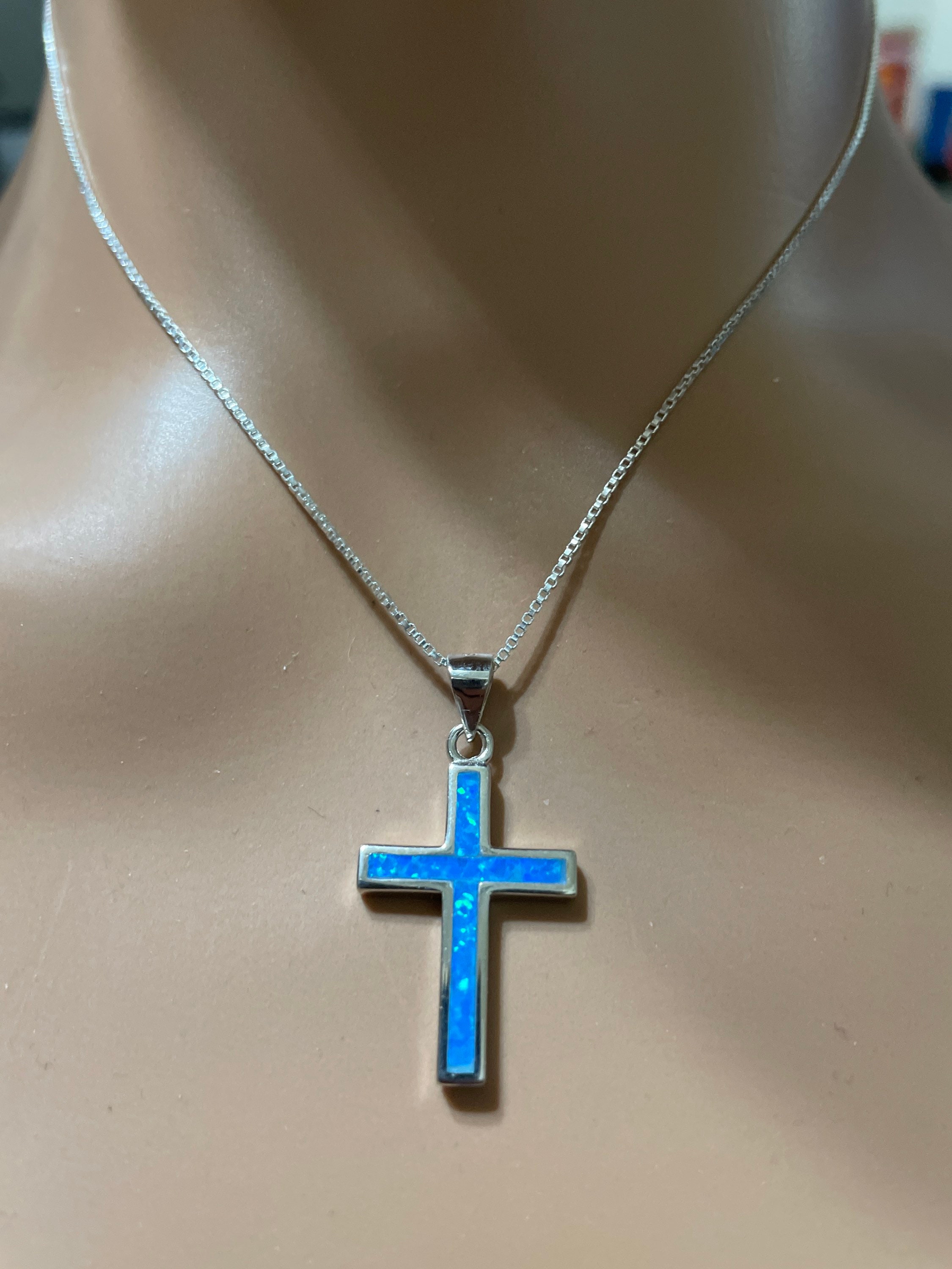 Cross Necklace, Opal Cross Necklace, Blue Cross Necklace, Cross Jewelry,  Cross Pendant, Cross Necklace Women 