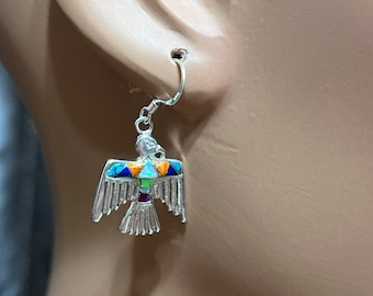 Thunder Bird inlay Earring / multicolored jewelry/ bird earrings/ multicolored inlay jewelry/Mosaic Thunder Bird Earring / Sterling Silver