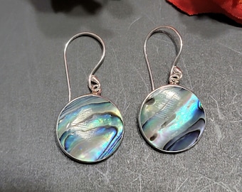 Abalone Shell Earrings / Sterling Silver / Shell Dangle Earrings / Round Abalone Shell Earrings / Shell Jewelry / Shell Earrings / A82-AR