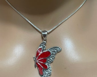 Dainty Coral Butterfly/Small Butterfly Pendant/Butterfly Inlay Necklace/Sterling Silver Butterfly/Red Coral Butterfly/Gift For Her