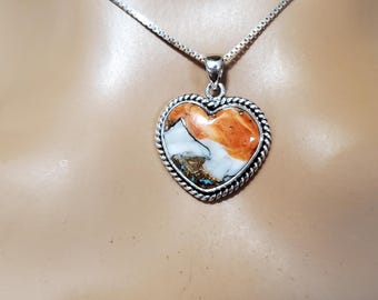 Spiny Oyster Copper Turquoise Heart Pendant/Mohave Turquoise Necklace/Sterling Silver Heart Pendant/Heart Copper Turquoise Pendant/LL206