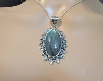 Labradorite  Pendant /Long Oval Labradorite Necklace/Sterling Labradorite Pendant/ Blue necklace/Large Labradorite necklace