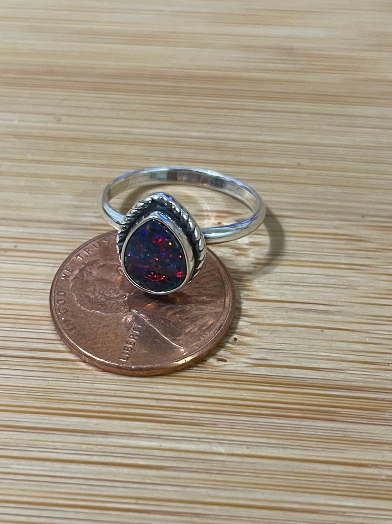 Black Fire Opal Ring/Small Teardrop Opal Ring/Dainty Black Fire Opal Ring/Sterling Silver Ring/Black Opal/Teardrop Ring image 4