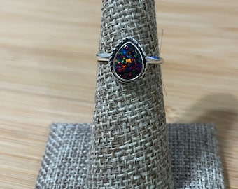 Black Fire Opal Ring/Small Teardrop Opal Ring/Dainty Black Fire Opal Ring/Sterling Silver Ring/Black Opal/Teardrop Ring