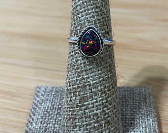 Black Fire Opal Ring/Small Teardrop Opal Ring/Dainty Black Fire Opal Ring/Sterling Silver Ring/Black Opal/Teardrop Ring